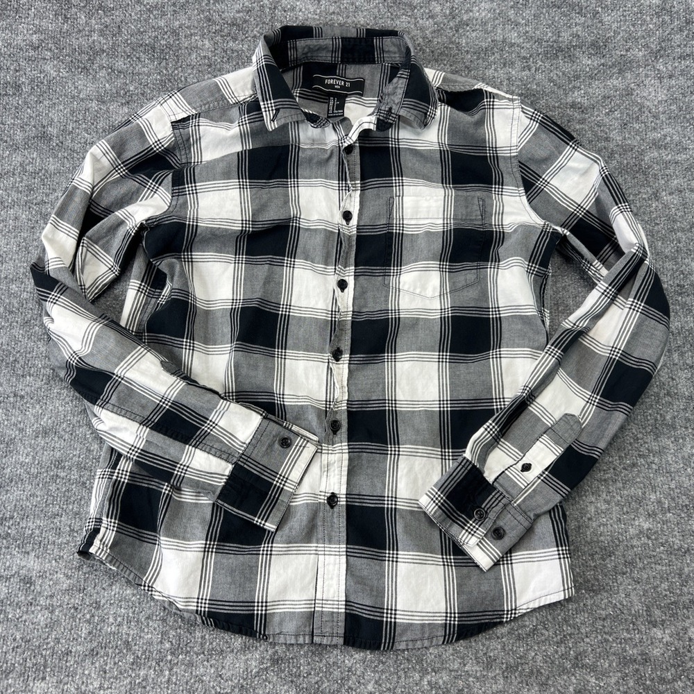 Forever 21 Men Plaid Long Sleeve Button Up‎ Size S Small Black / White